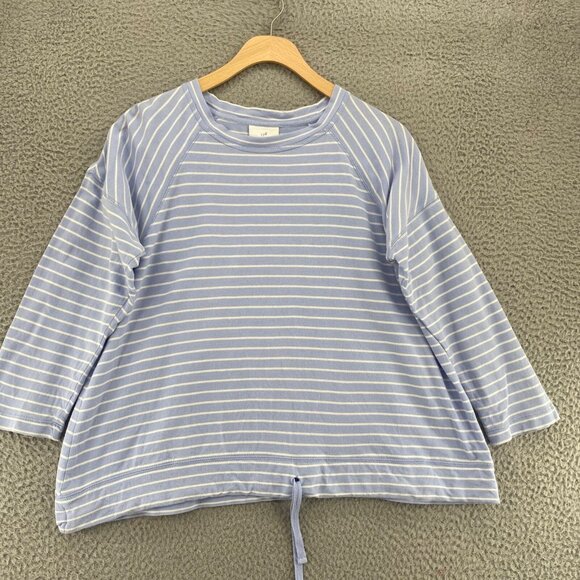 J Jill Top Womens Small Petite Blue Striped 3/4 Raglan Sleeve Cinch Waist Knit* - Picture 1 of 9